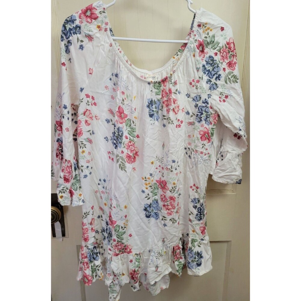 Terra & Sky Boho Blouse White Floral Ruffle Bell Sleeve Rayon 0X 14W
